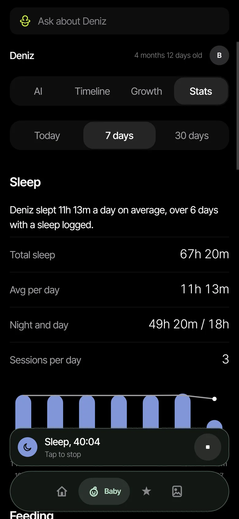 The app’s stats screen: a week of sleep with the total, the daily average and the number of sessions, written out in a sentence first.